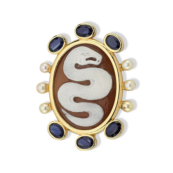 One of a kind hand carved serpent cameo with sapphires and pearls