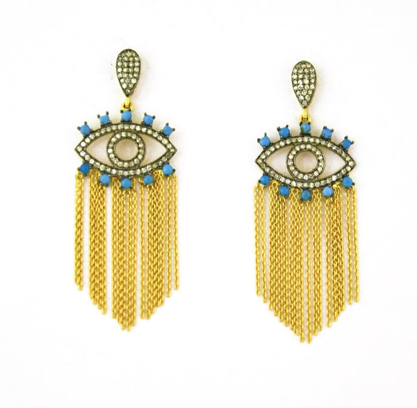 PINAR HAKIM SMALL EVIL EYE TURQUOISE AND DIAMOND FRINGED EARRINGSJewelryStella Flame Gallery
